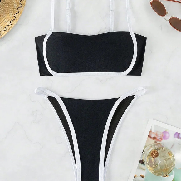 Black And White Women's Beach Contrast Binding Halter Bikini Set - Picture 3 of 7